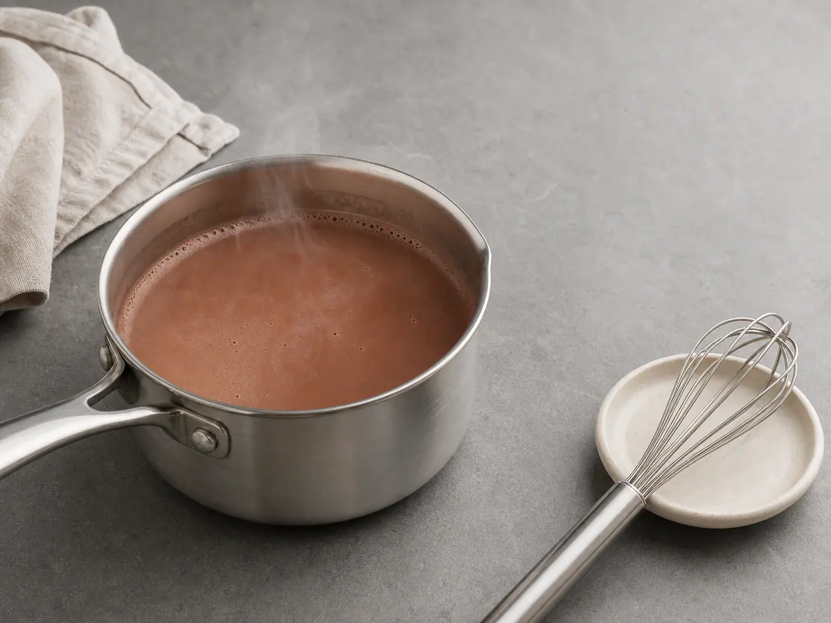 Smooth steaming cocoa in a saucepan with no dry pockets or boiling