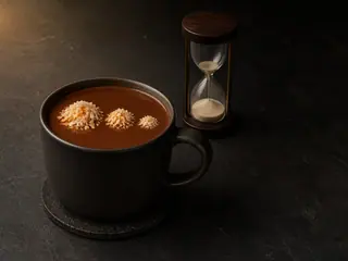 Mug of coconut cocoa with three descending toasted-coconut clusters beside a small hourglass