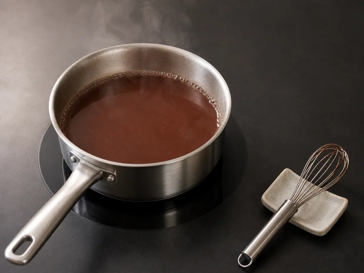 Coconut cocoa steaming with small bubbles around the saucepan edge before boiling