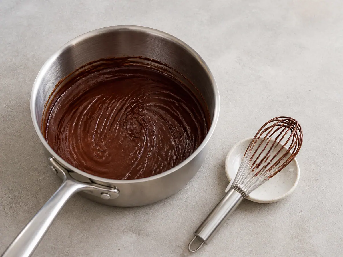 Glossy cocoa-maple paste with no dry powder in a medium saucepan