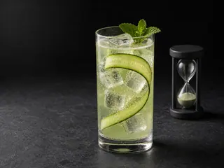 Tall glass of pale green cucumber mint cooler with ice and a cucumber ribbon