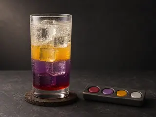 Vaso transparente con ponche de frutas sin alcohol de cuatro capas en tonos rubí, violeta, dorado y burbujeante