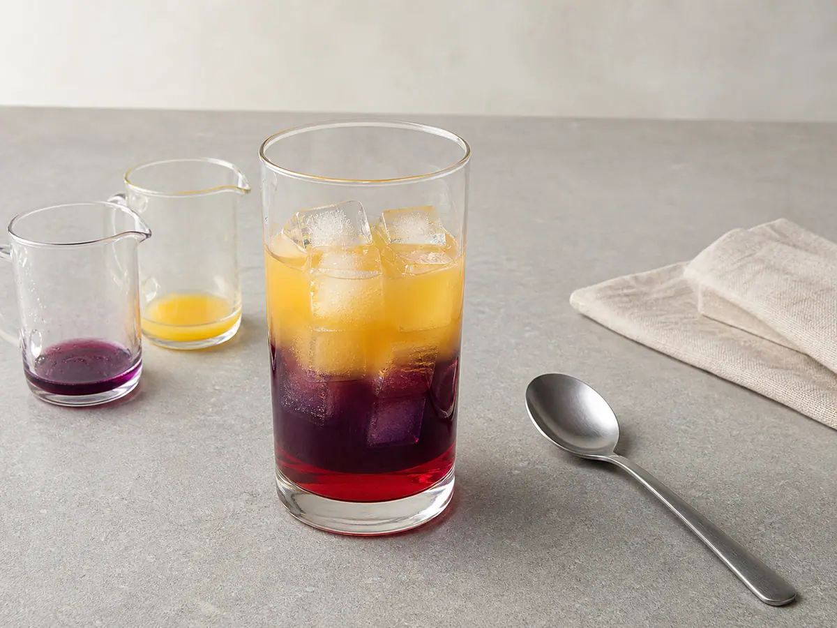 Tres capas de ponche de frutas en un vaso transparente después de colocar el jugo de uva y el de piña sobre la granadina y el hielo