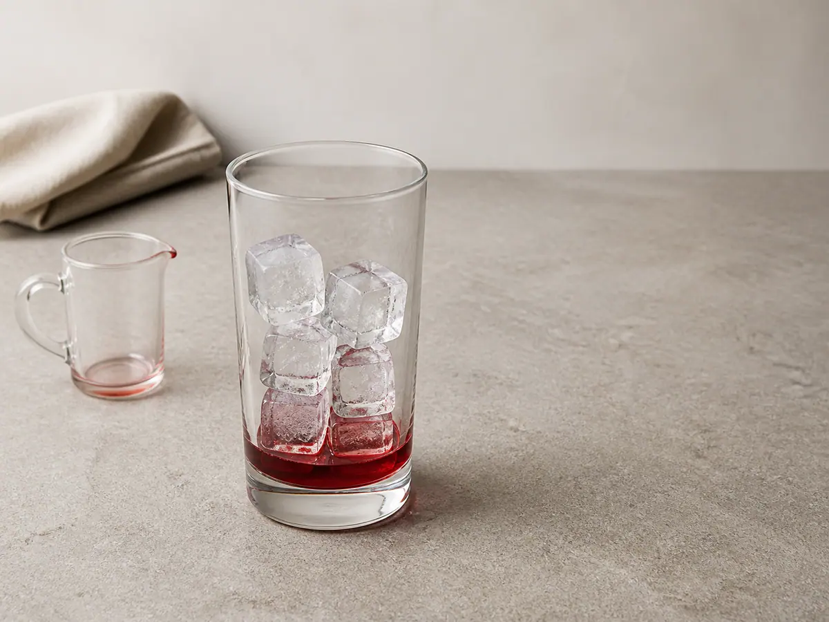 Base poco profunda de granadina con seis cubos de hielo colocados con cuidado en un vaso transparente antes de agregar las capas de jugo de fruta