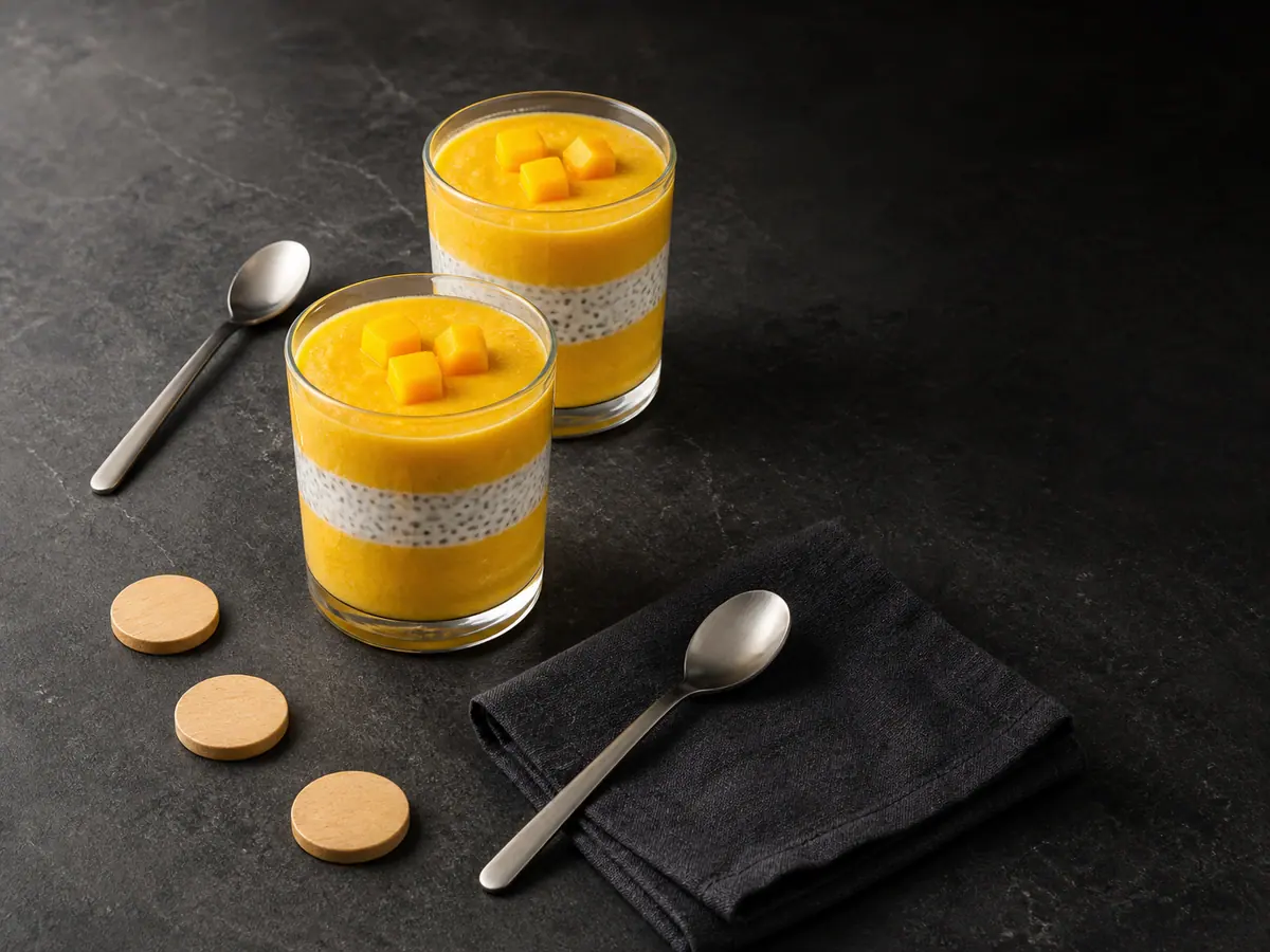 Dos vasos de licuado de mango y chía en capas junto a tres fichas de madera sin marcas