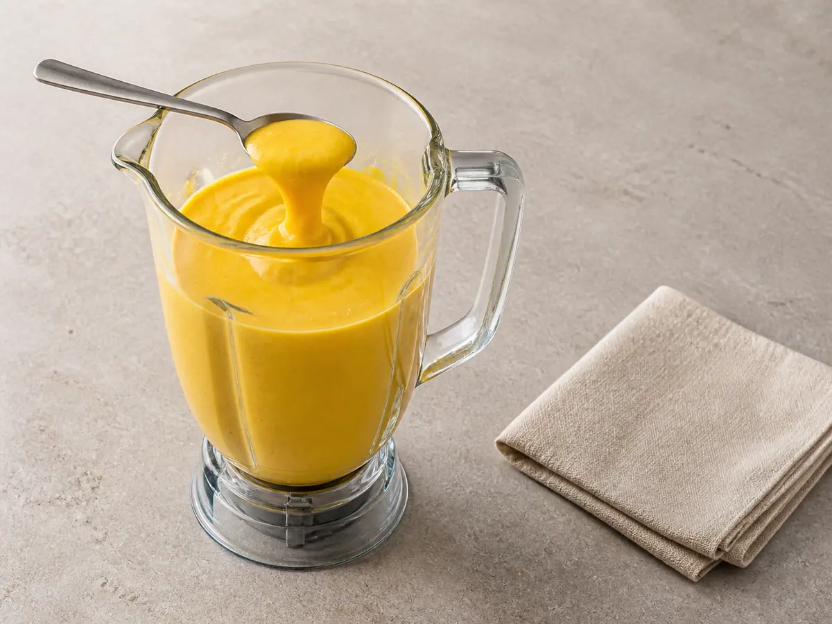 Base lisa de mango y banana formando una cinta lenta en el vaso transparente de una licuadora