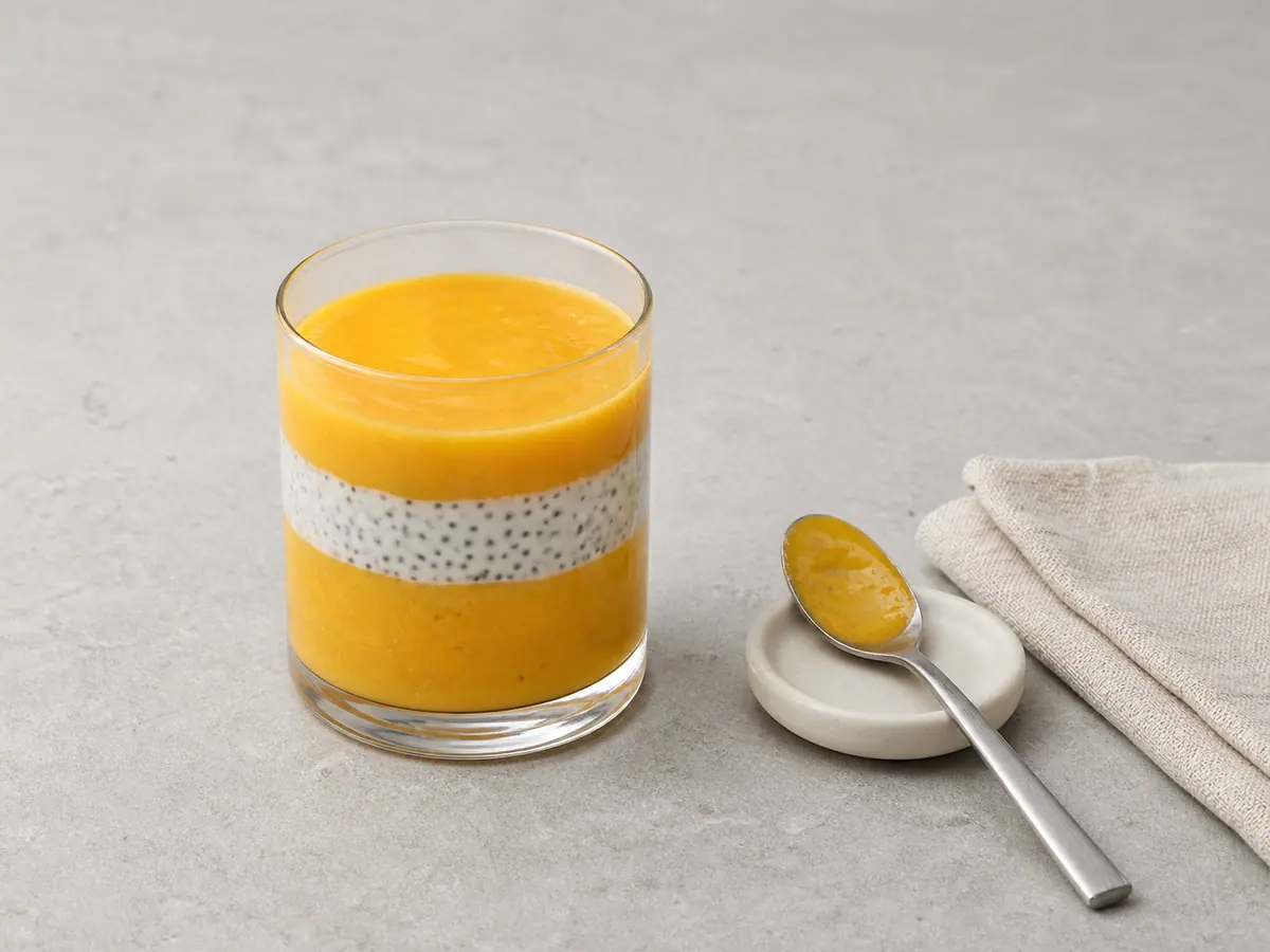 Tres capas definidas de mango y yogur con chía en un vaso transparente de licuado antes de poner el mango por encima