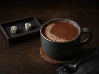 Dark ceramic mug of toasted oat cocoa beside two plain dice resting in a felt tray