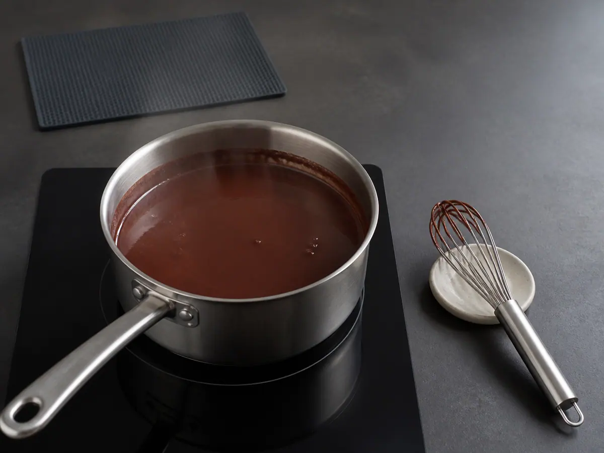 Chocolate quente de aveia tostada liso e brilhante em uma panela, sem chegar à fervura