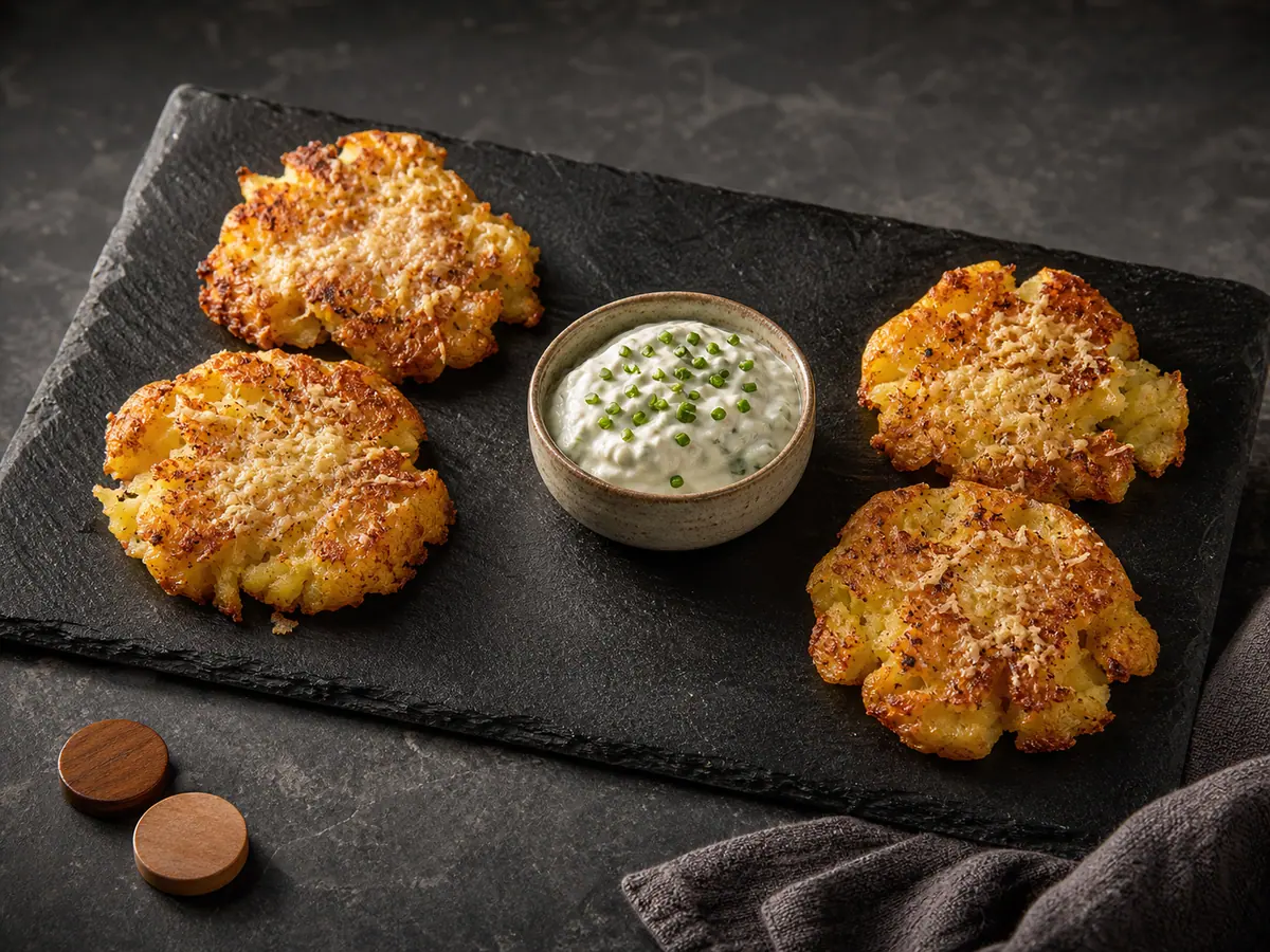 Platter of crispy parmesan smashed potato rounds around chive yogurt dip