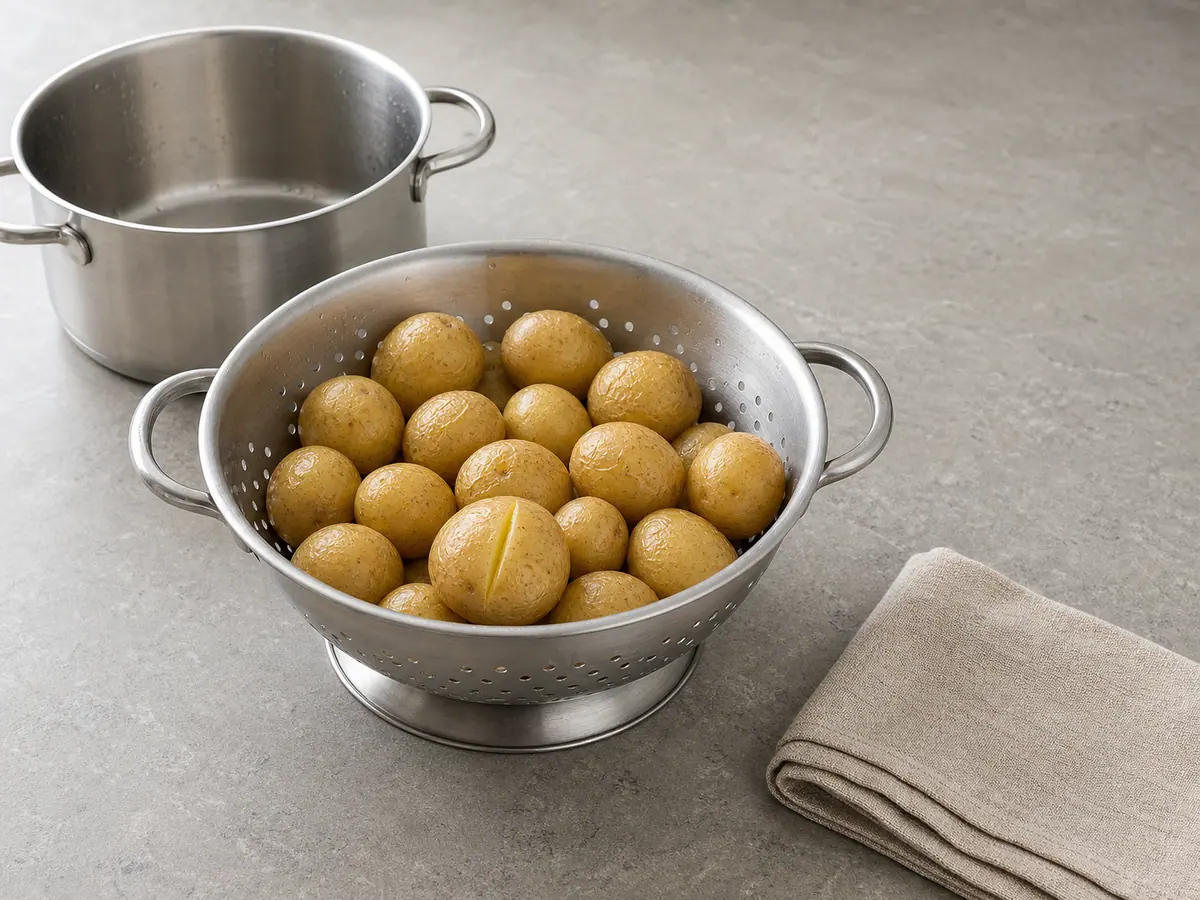 Drained tender baby gold potatoes in a stainless-steel colander after boiling