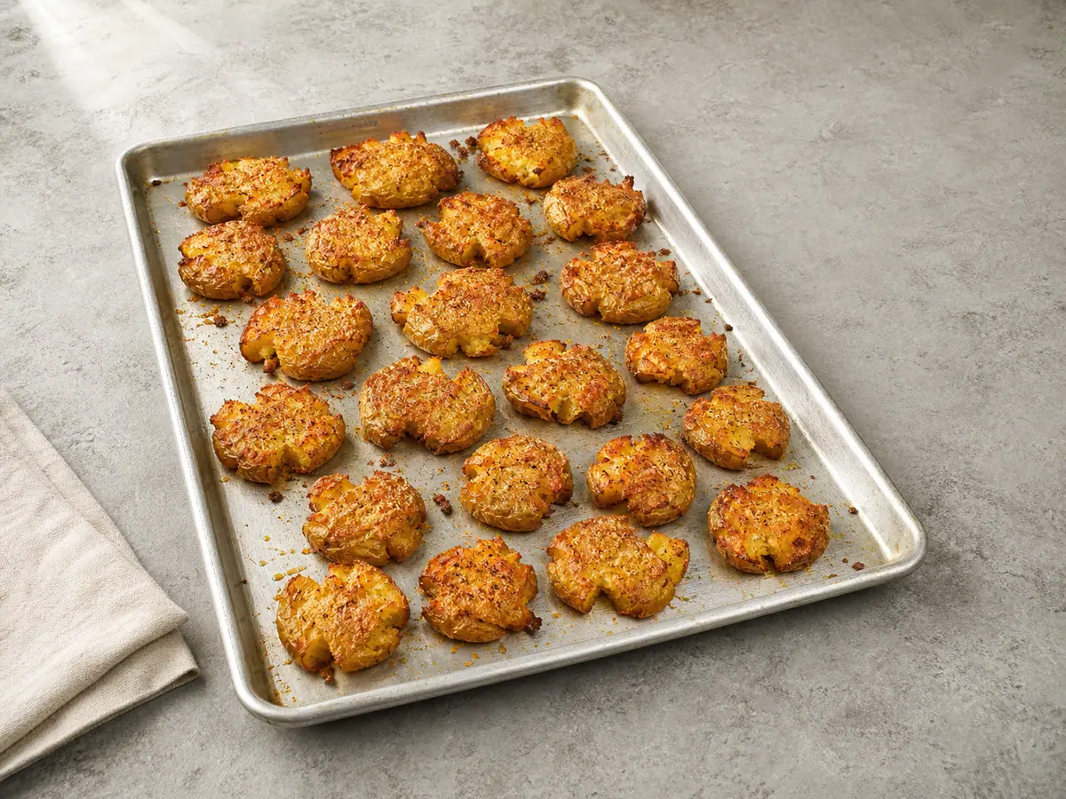 Parmesan smashed potato rounds browned and crisp on a rimmed baking sheet