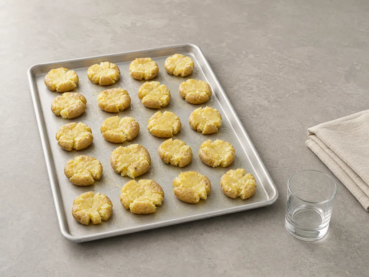 Boiled baby gold potatoes smashed into rough rounds on an oiled baking sheet before seasoning