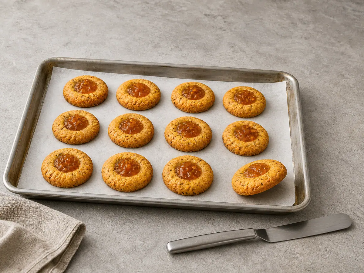 Biscoitos dourados de cheddar com centros de chutney de manga contidos, em uma assadeira forrada com papel-manteiga