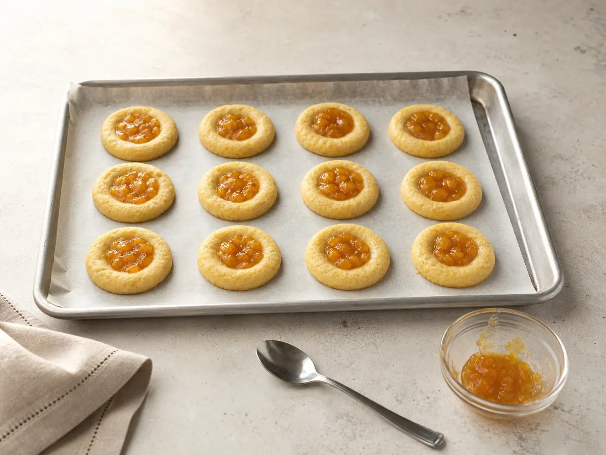 Rodelas de biscoito de cheddar pré-assadas, com as cavidades refeitas e preenchidas com chutney de manga abaixo das bordas