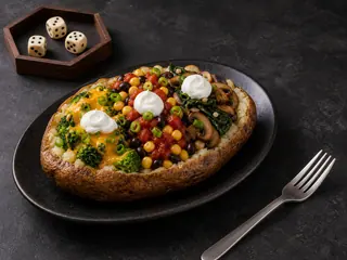 Baked potato topped in three distinct lanes with broccoli florets and sharp cheddar cheese, no-salt-added canned black beans with frozen corn kernels and tomato salsa, and cremini mushrooms with baby spinach