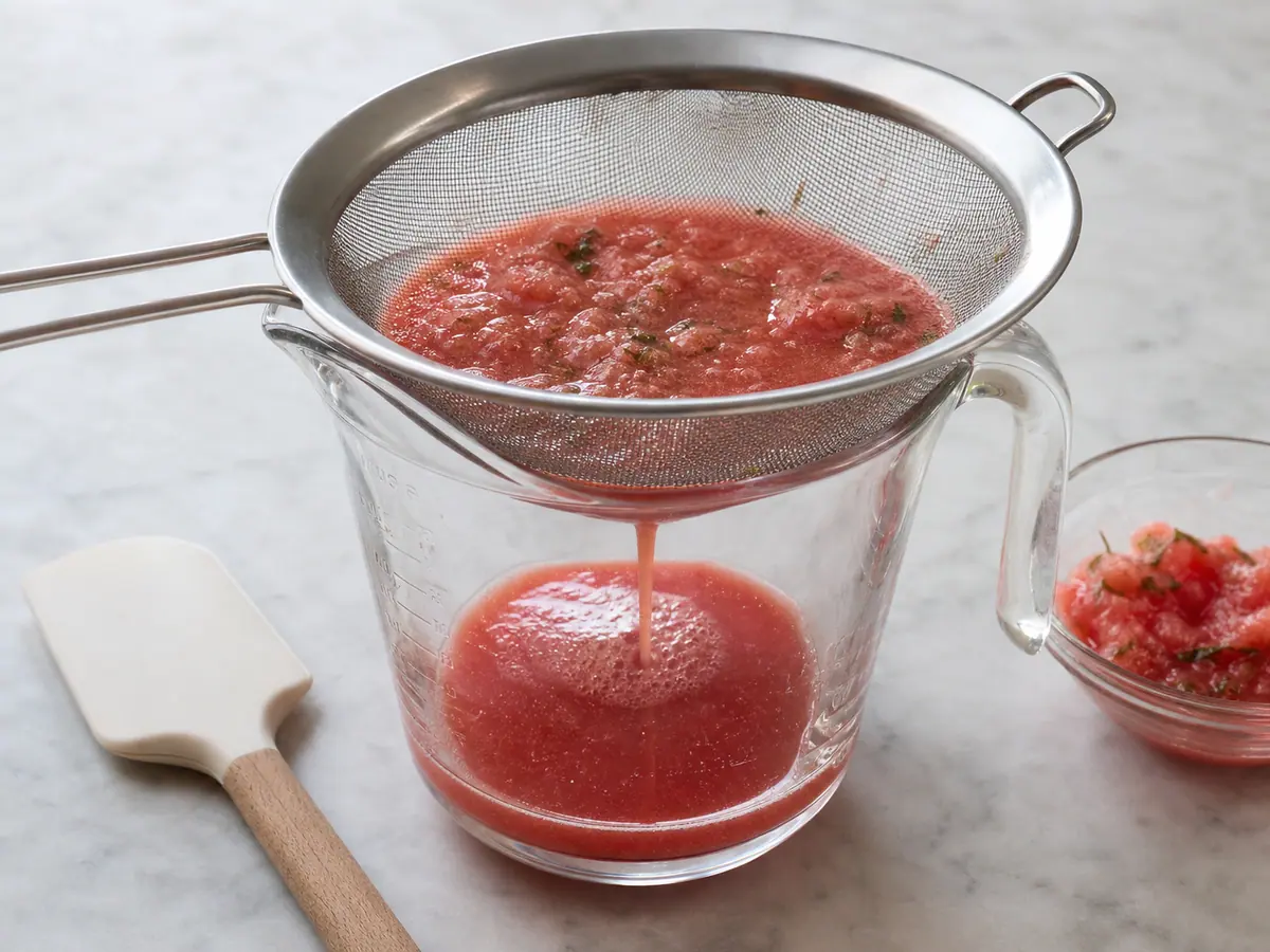 Softened green shiso leaves draining through a fine-mesh sieve into strained watermelon juice