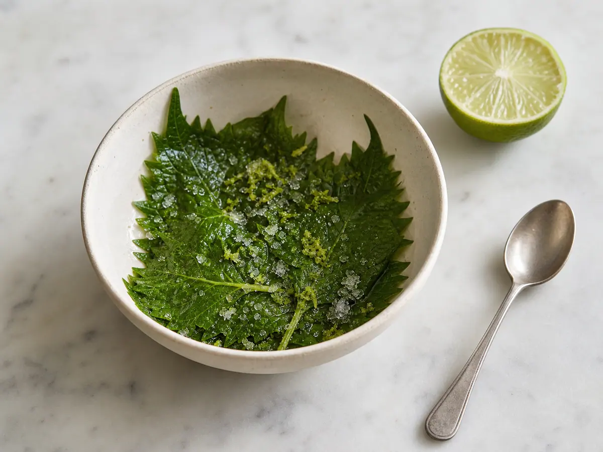 Gently bruised green shiso leaves steeping with sugar, lime, salt, and water