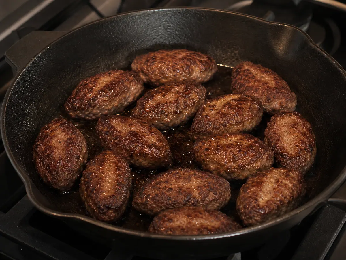 Food thermometer inserted sideways into a fully cooked kofta patty in the skillet