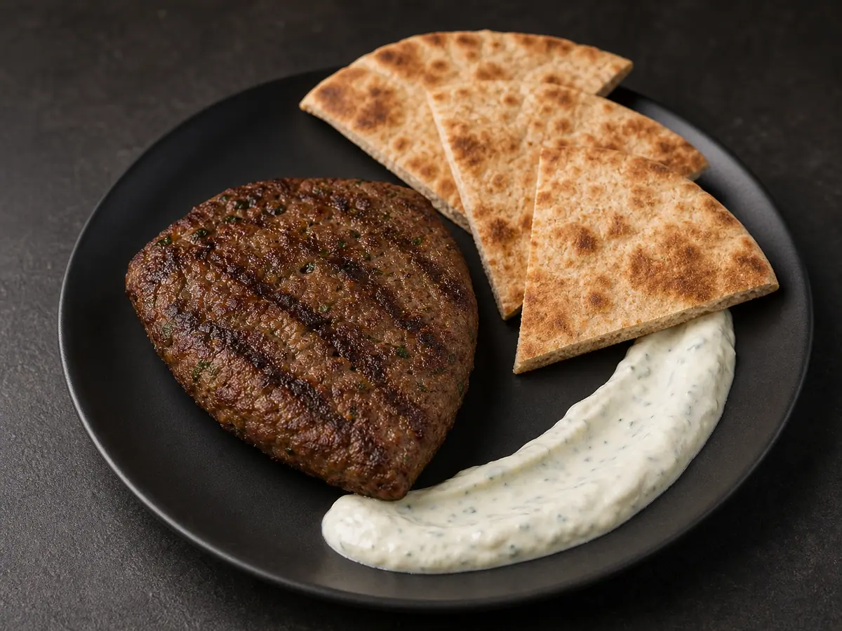 Cooked kofta patty plated inside a lemon-tahini yogurt arc with three pita wedges