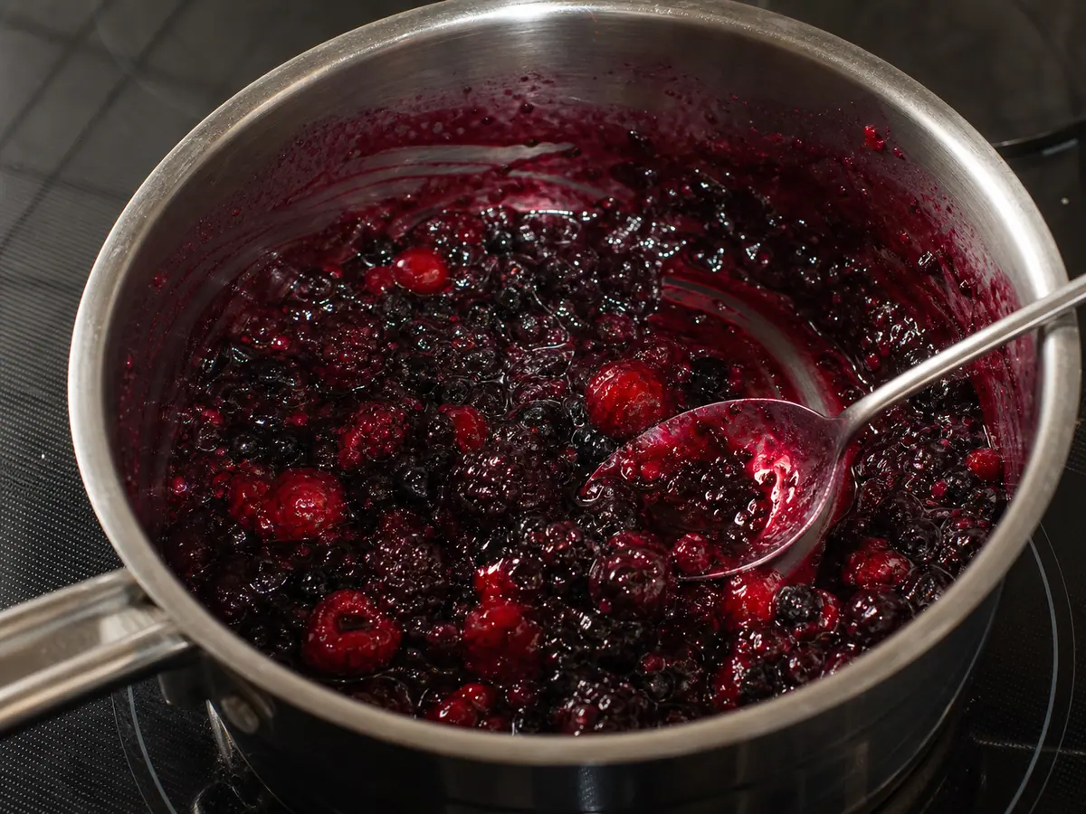 Recheio brilhante de frutas vermelhas em uma panela, com caminho limpo deixado pela espátula