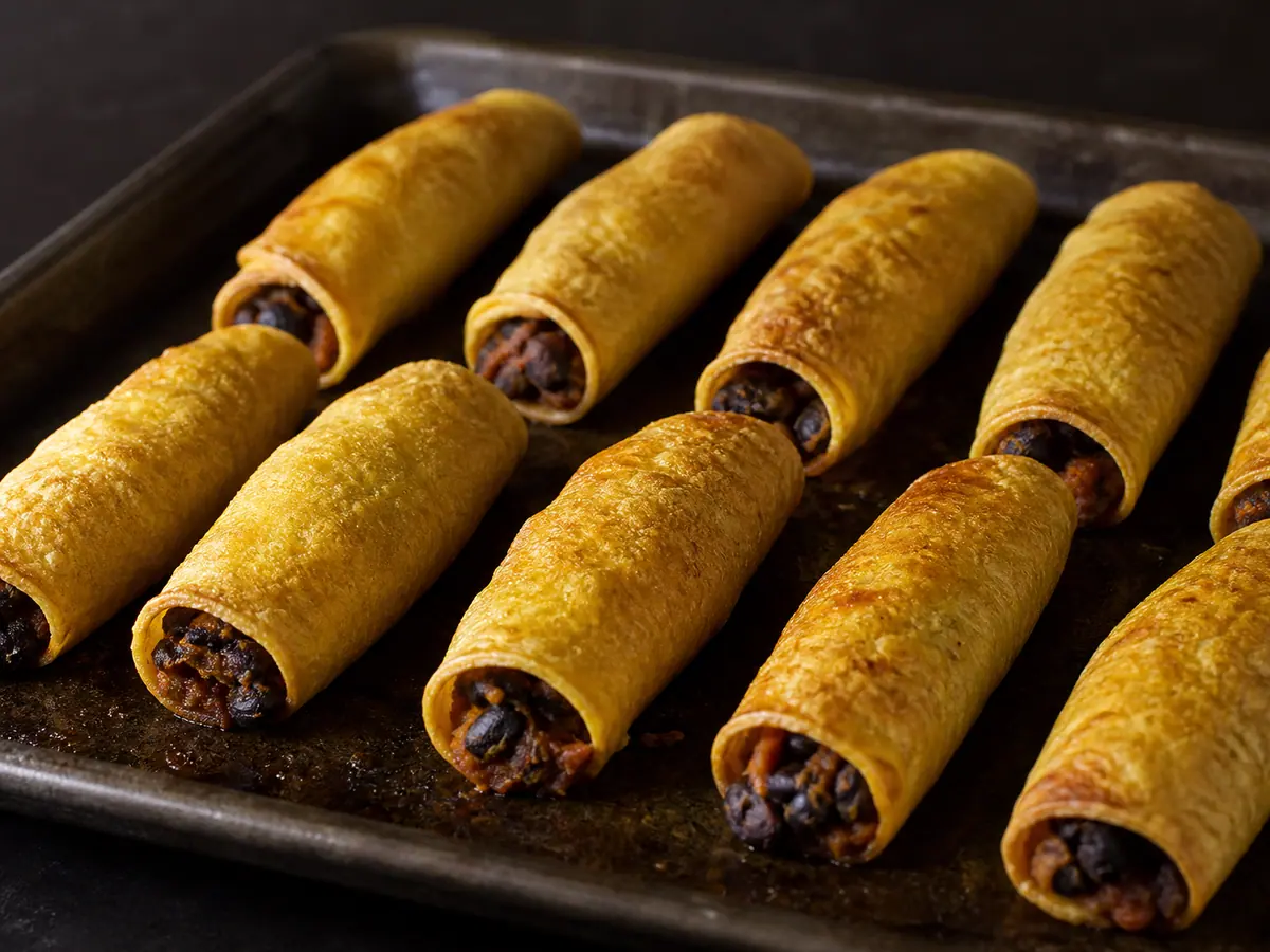 Eight golden baked black bean taquitos with closed seams on parchment