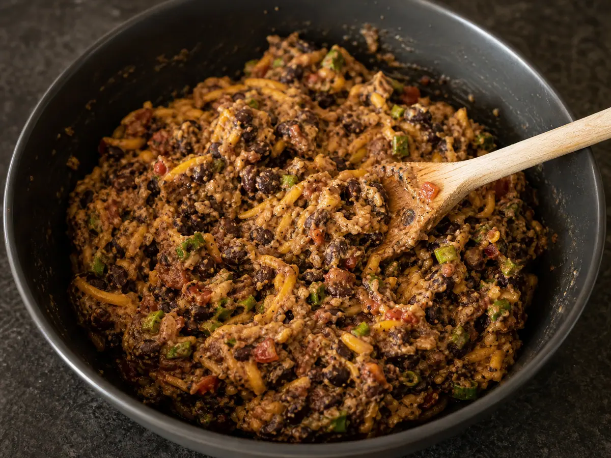 Thick partly mashed black bean filling holding a mound on a spoon