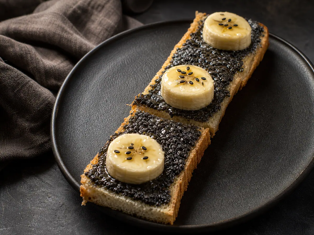 Tostada de banana y sésamo negro cortada en dos tiras, con doce rodajas de banana acomodadas en filas de tres, cuatro y cinco