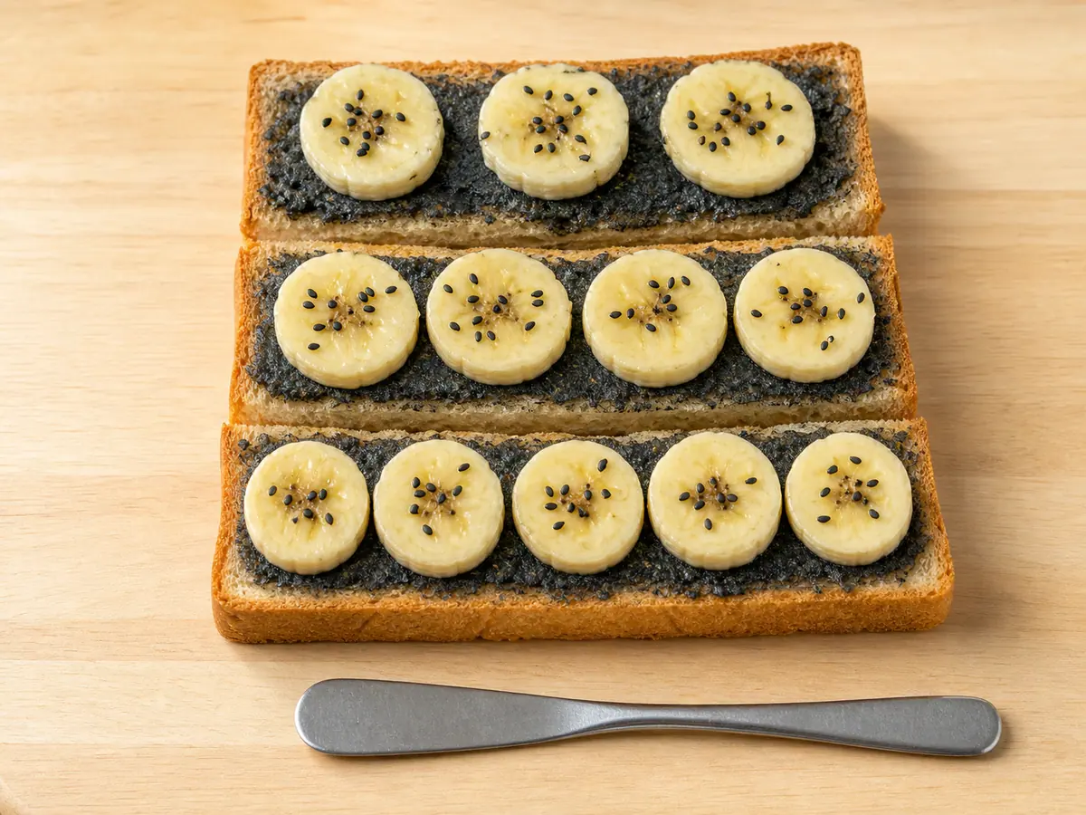 Tiras de tostada alineadas con doce rodajas de banana acomodadas en filas crecientes de tres, cuatro y cinco