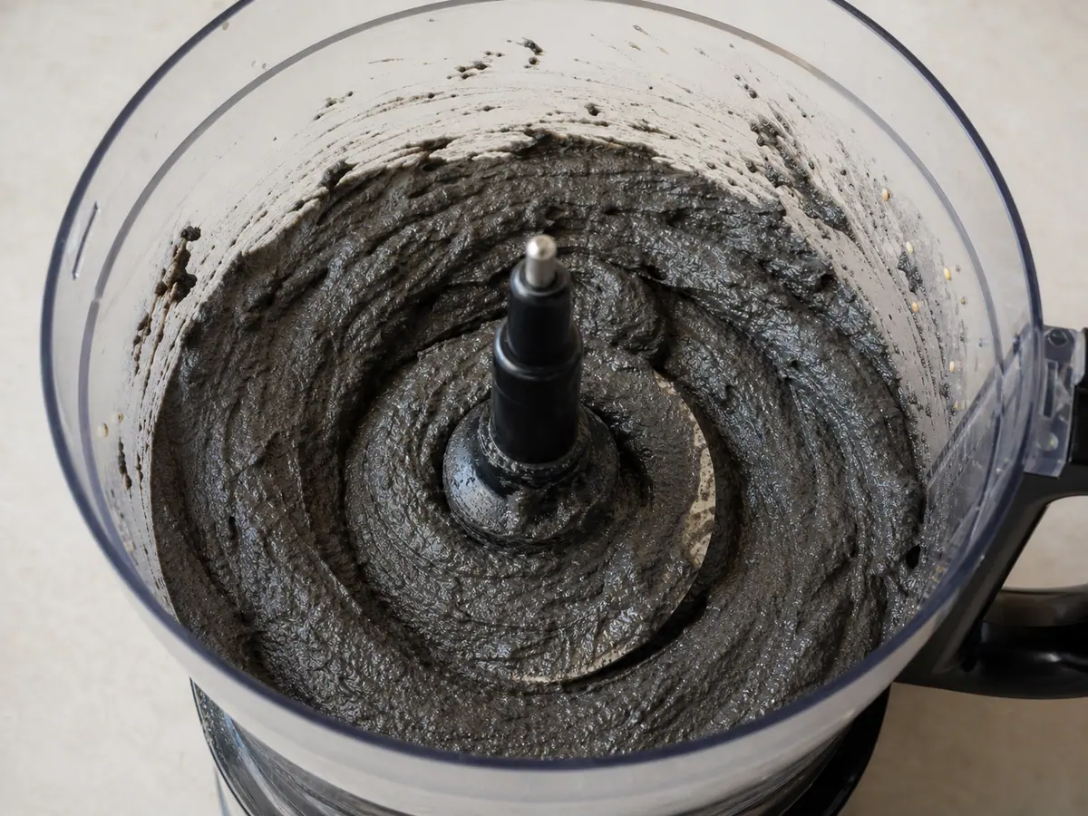 Pasta espessa e brilhante de tofu com gergelim preto no copo do liquidificador, com um montinho macio sobre uma espátula apoiada