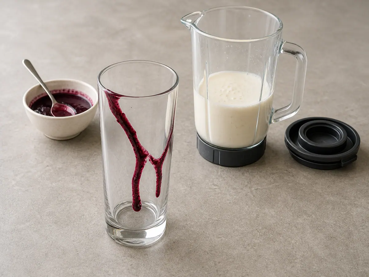 Salsa de mora marcada en el interior de un vaso alto antes de verter la malteada de vainilla