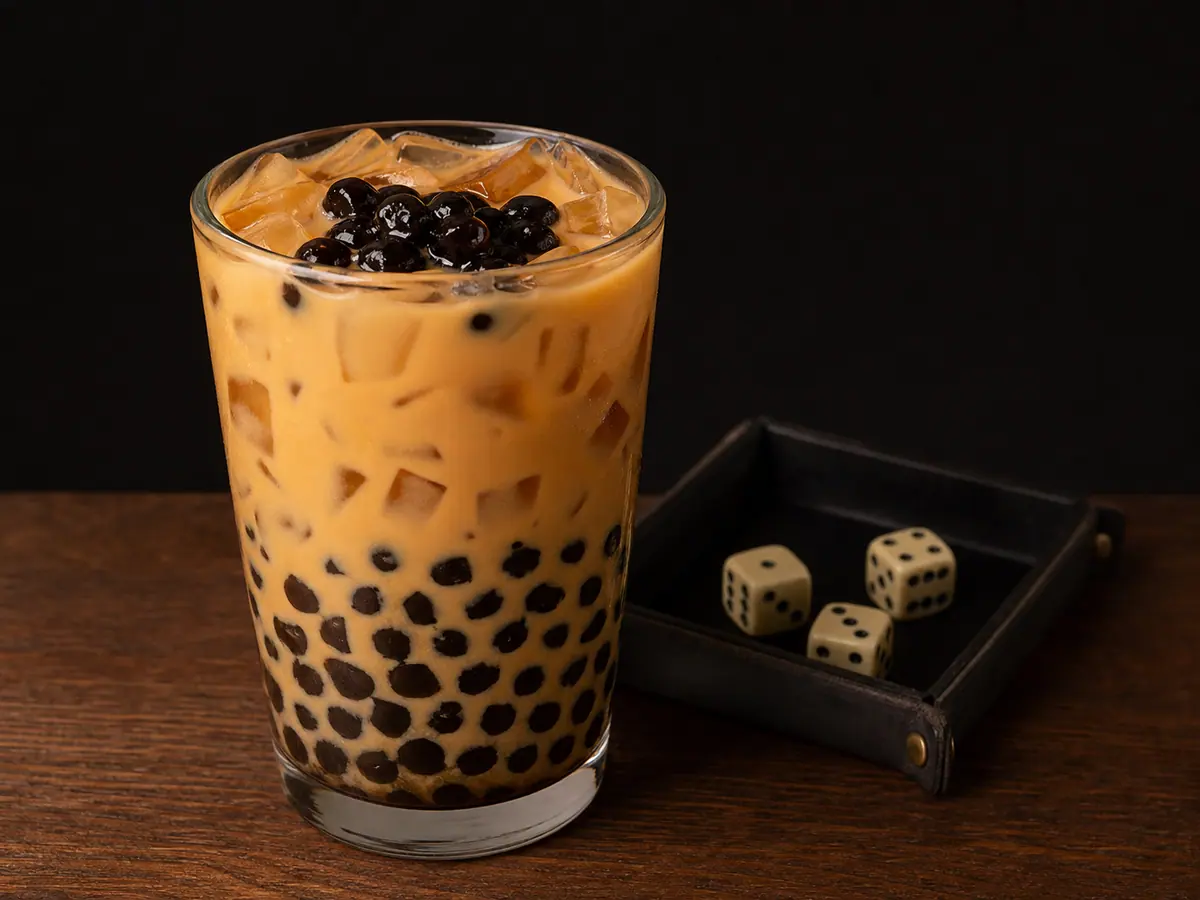 Tall glass of creamy boba tea with black pearls and amber tea-jelly cubes