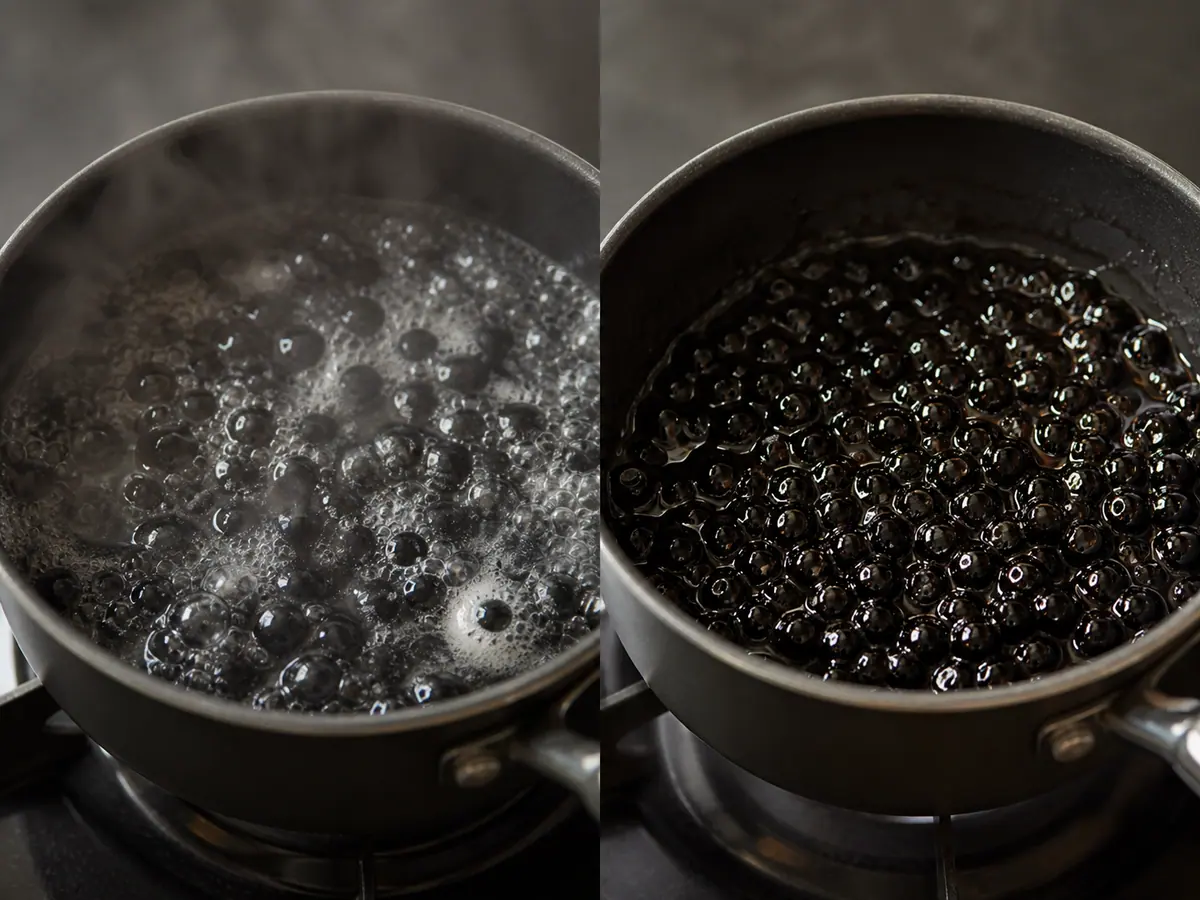 Black tapioca pearls floating separately in controlled boiling water