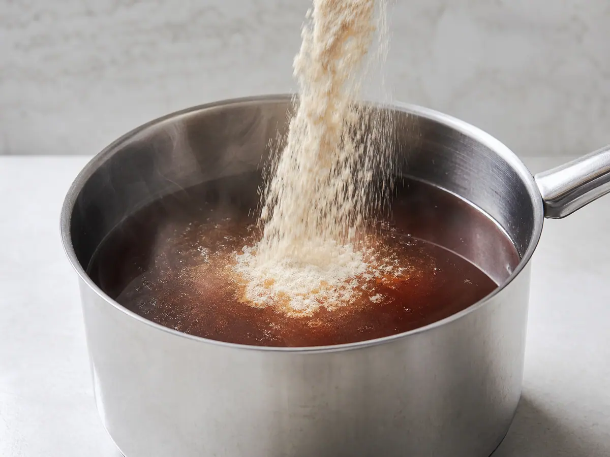 Amber black-tea agar mixture at a controlled full boil before pouring