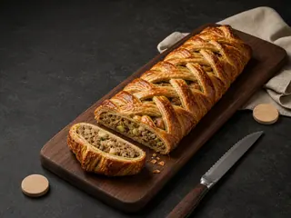 Trenza entera de hojaldre con salchicha sobre una tabla oscura, con una rebanada que deja ver el relleno de manzana y salvia
