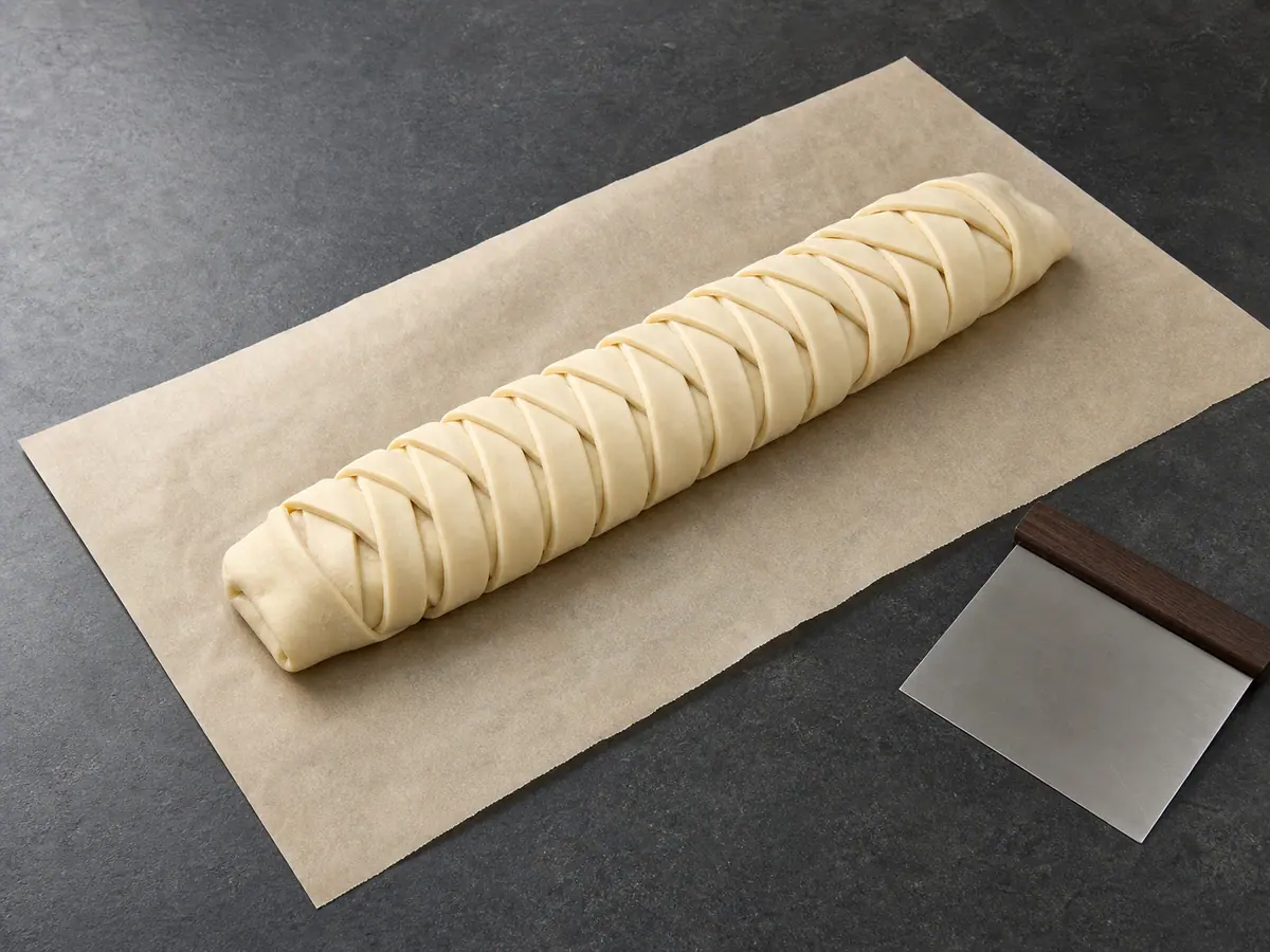 Fully sealed unbaked puff-pastry braid on parchment