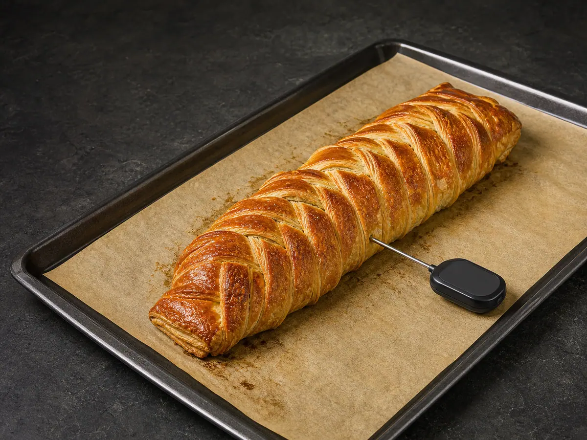 Food thermometer inserted into the side of the baked pastry braid