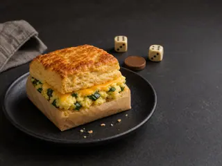 Sanduíche de pãozinho de cheddar recheado com ovos e espinafre, ao lado de dois dados comuns e um marcador de madeira liso