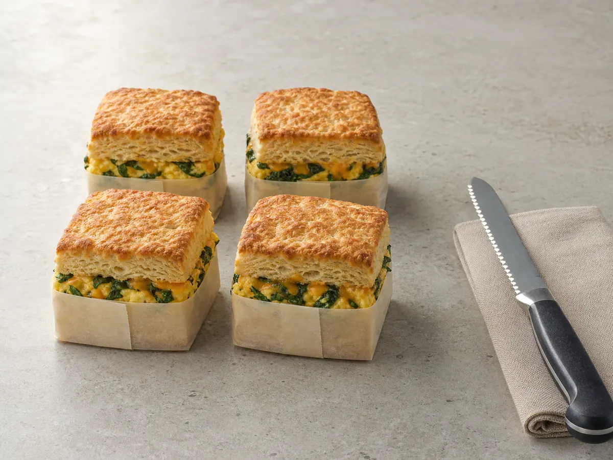 Four square cheddar biscuit sandwiches filled with cooked spinach eggs and wrapped at the lower third in parchment