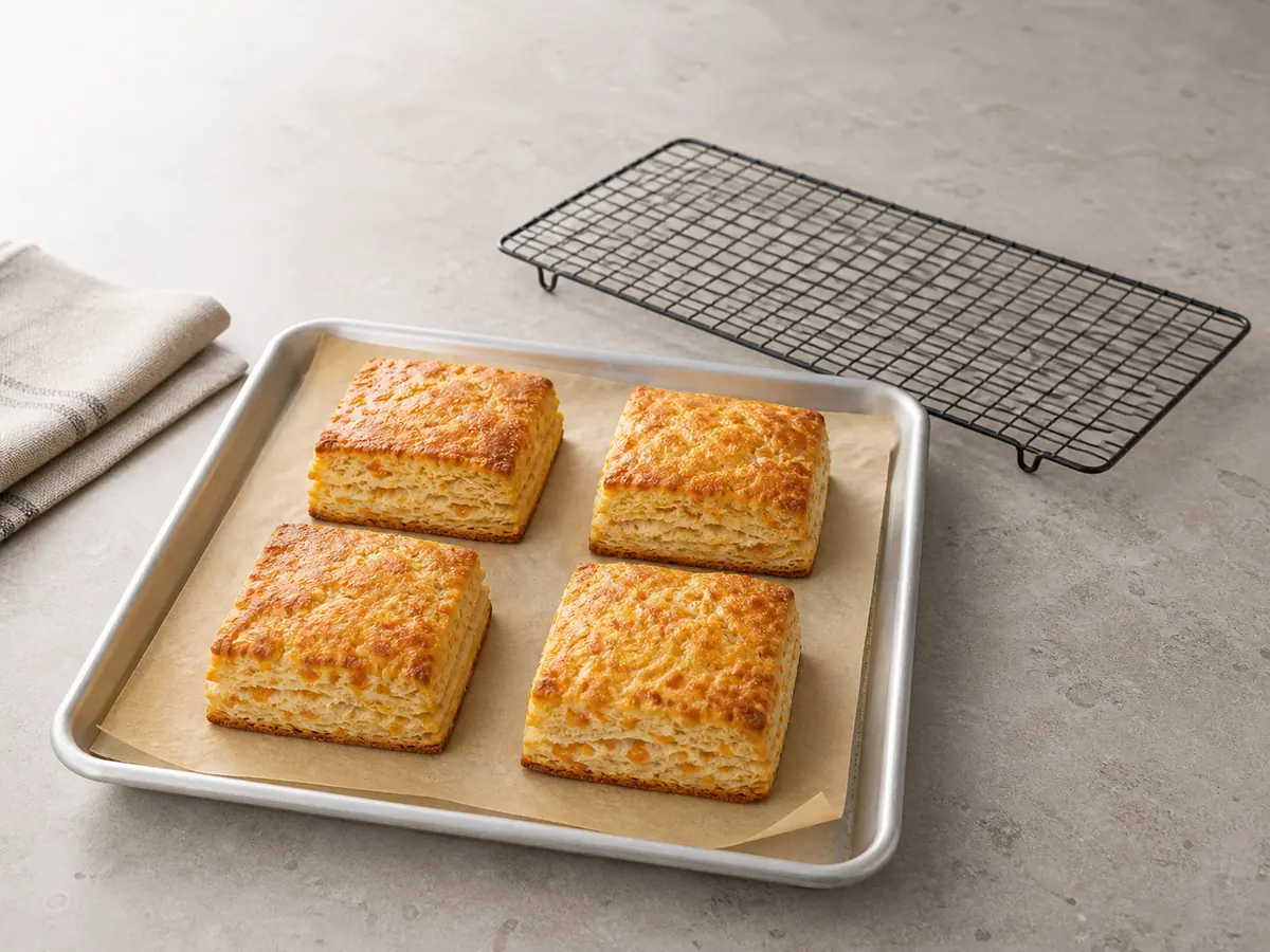 Four deeply golden square cheddar biscuits with browned bottoms and visible layers on a parchment-lined baking sheet