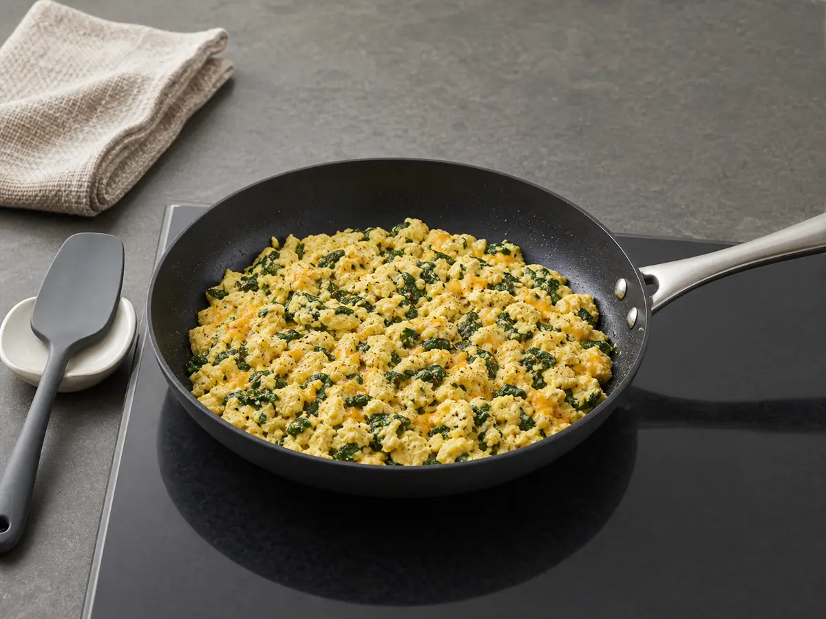 Fully cooked spinach egg and cheddar filling with set curds and no visible liquid in a skillet