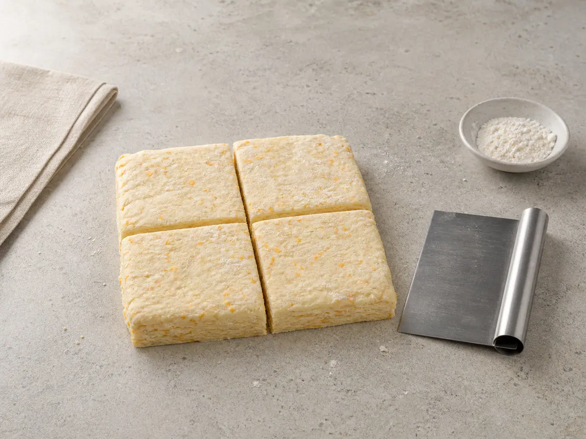 Folded cheddar biscuit dough cut into four unbaked squares on a floured work surface