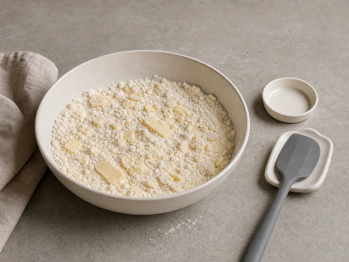 Flour mixture with cold butter pressed into flat pea-sized pieces and larger shards in a mixing bowl