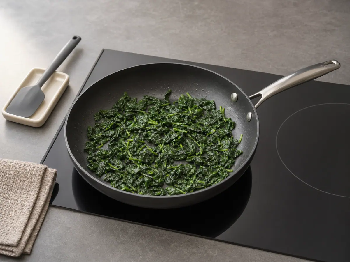 Fully wilted baby spinach spread in a nearly dry nonstick skillet