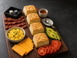 Tábua de café da manhã sobre uma mesa escura, com quatro pãezinhos, ovos, bacon, cheddar, tomate, abacate, mel e dois dados