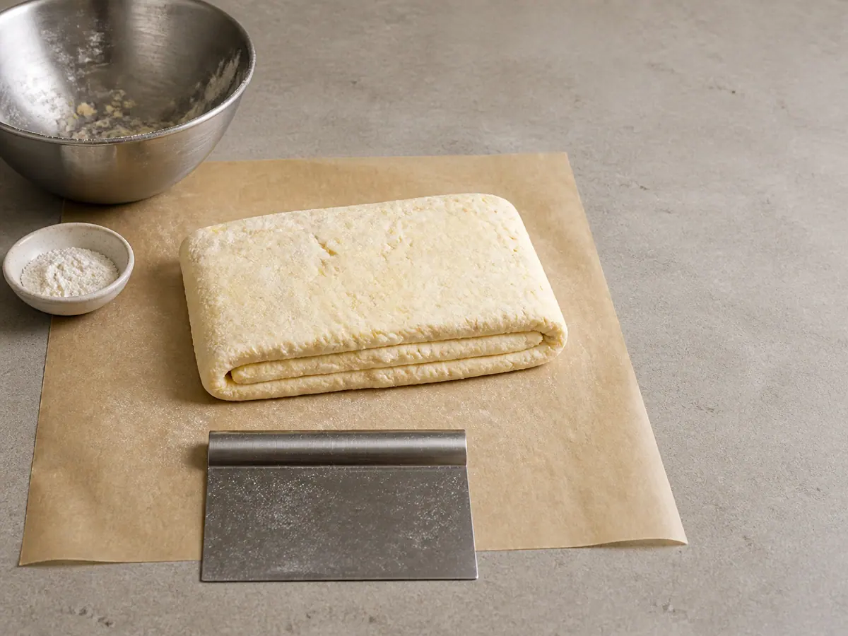 Folded buttermilk biscuit dough showing three layered sections before cutting