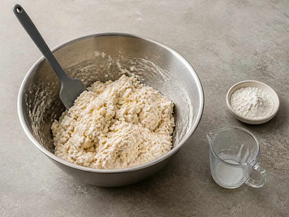 Shaggy buttermilk biscuit dough with visible cold butter pieces in a mixing bowl