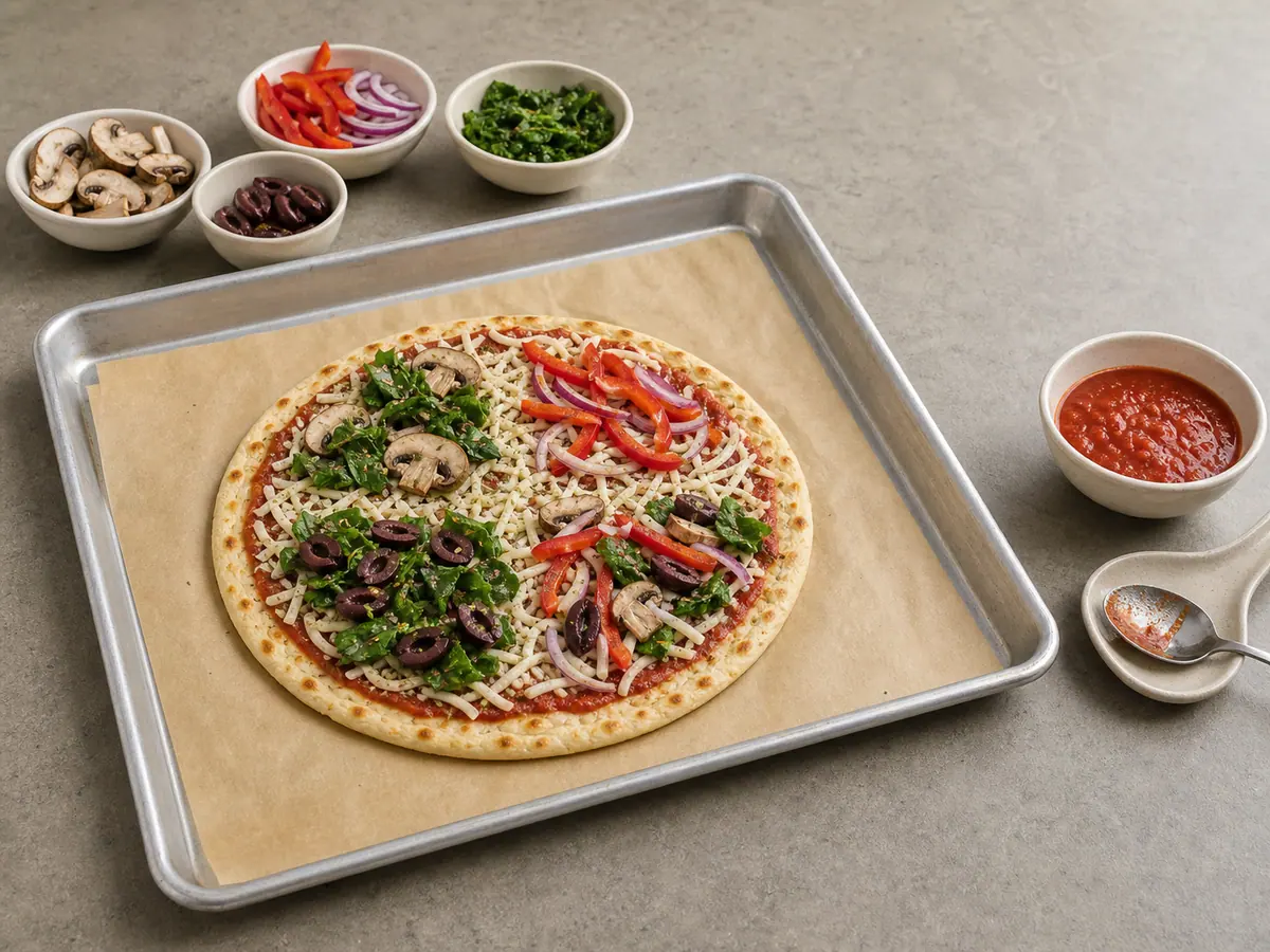 Skillet-cooked yogurt flatbread with a clean rim and four sparse vegetable topping zones before baking