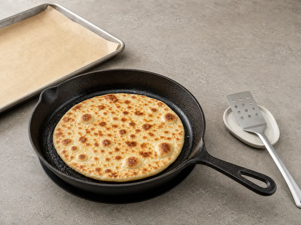 Flipped yogurt flatbread with deep brown skillet spots and a dry set rim