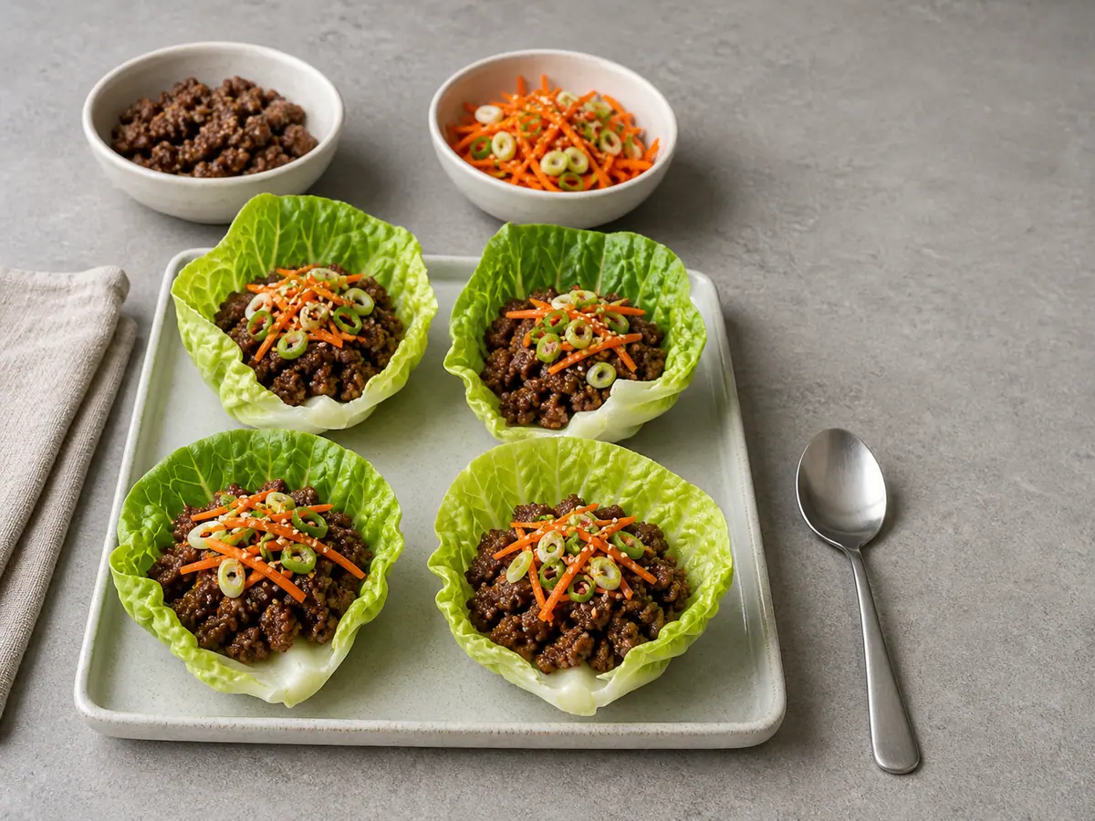 Four cabbage cups filled with cooked bulgogi beef and topped with carrot, scallions, and sesame seeds